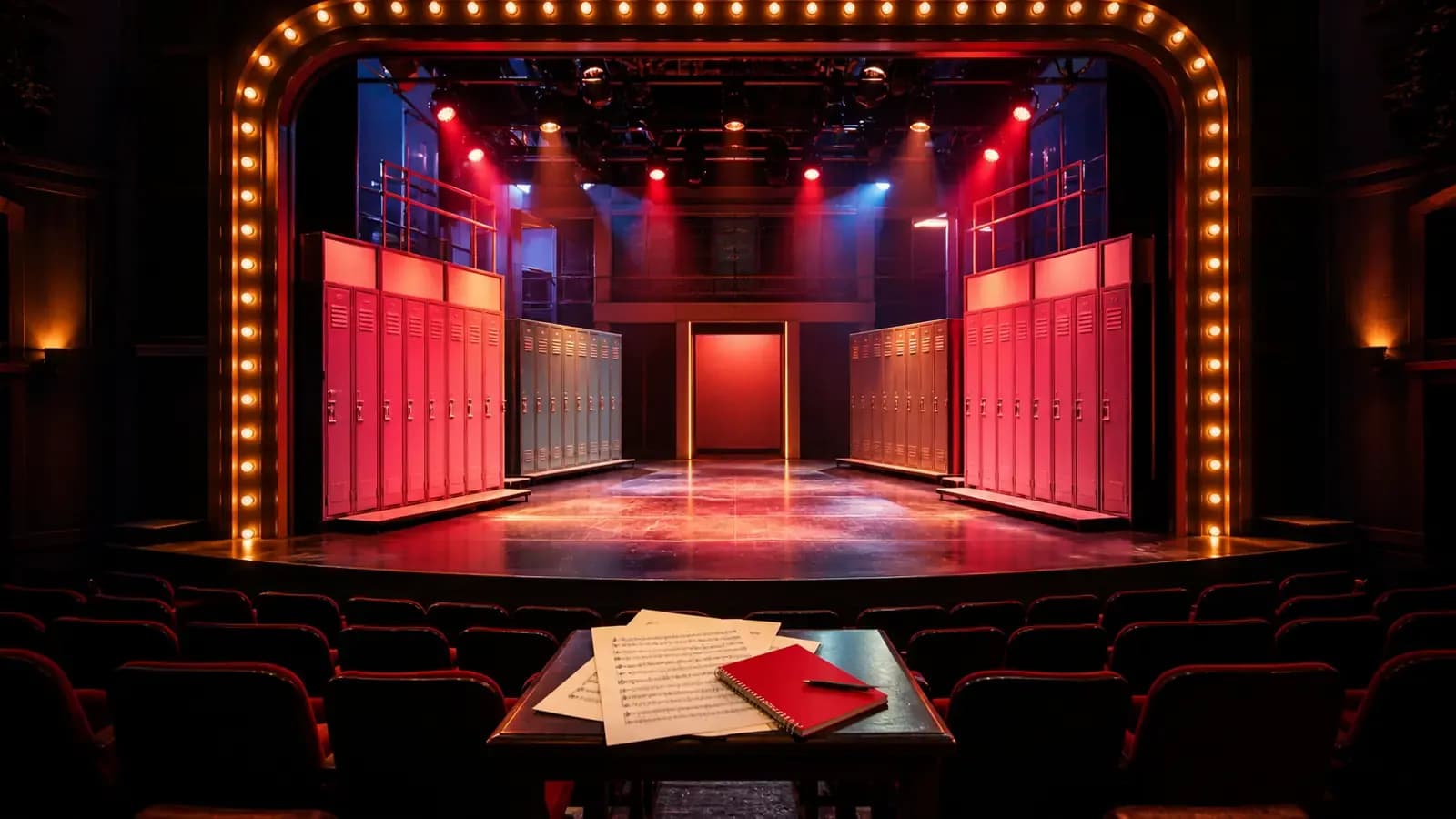 Leere Theaterbühne mit unbeschrifteten Schließfächern und warmem Bühnenlicht