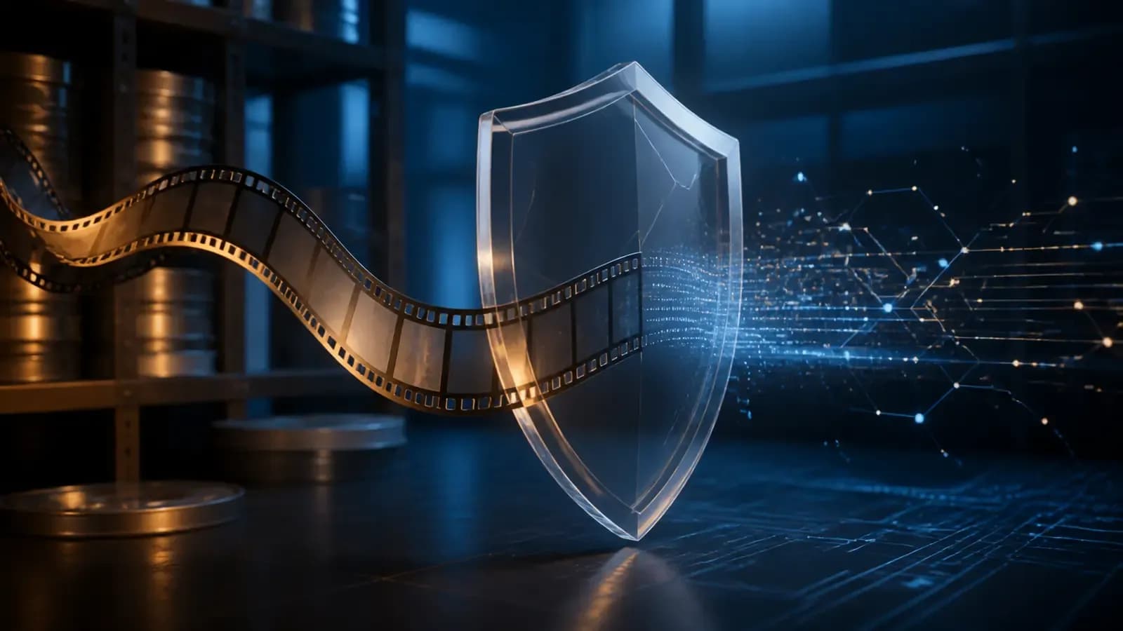Filmstreifen durchquert einen transparenten Schutzschild vor digitalen Datenpunkten